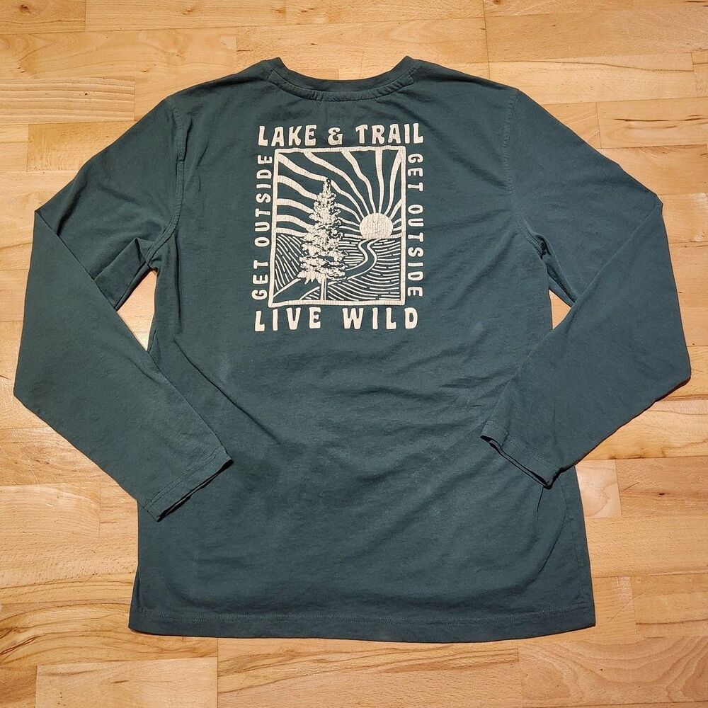 Lake and Trail Green/ Teal Long Sleeve with Print, Size Large
